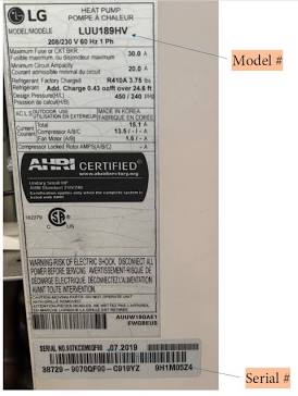 Placa de características de una unidad LG con el modelo señalado arriba y el número de serie abajo